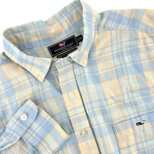 Vineyard Vines Slim Fit Tucker Shirt Mens XL Blue Plaid Cotton Linen Button Down